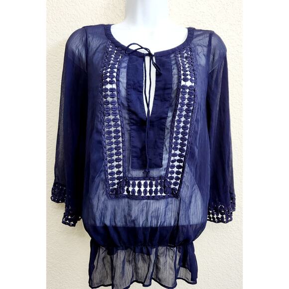 Charming Charlie Blue Sheer Crochet Lace Insert Detail Bodice Top Medium Flowy - Picture 1 of 6